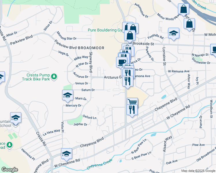 map of restaurants, bars, coffee shops, grocery stores, and more near 921 Green Star Drive in Colorado Springs