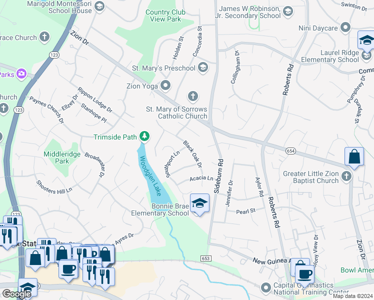 map of restaurants, bars, coffee shops, grocery stores, and more near 5346 Black Oak Drive in Fairfax