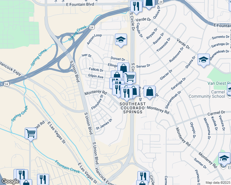 map of restaurants, bars, coffee shops, grocery stores, and more near 1660 South Circle Drive in Colorado Springs
