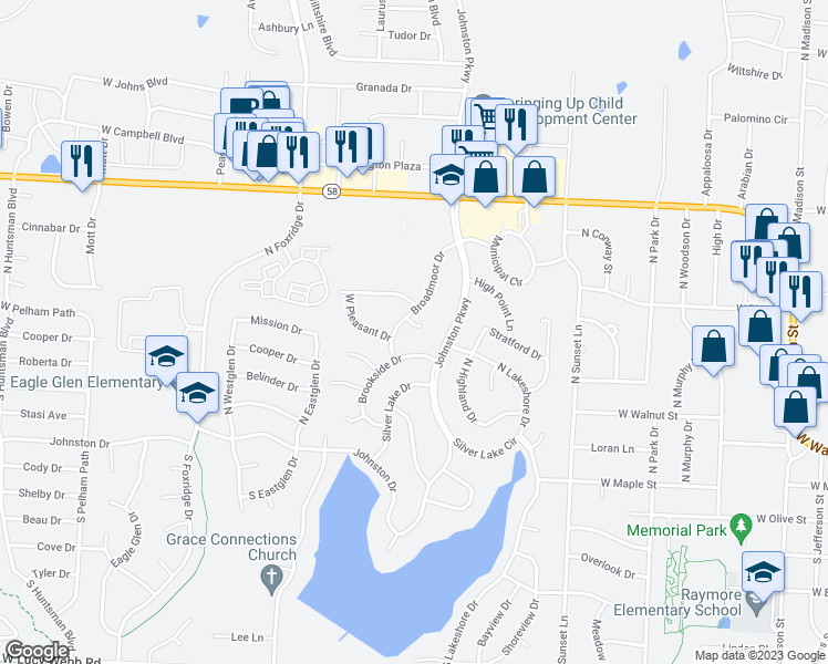 map of restaurants, bars, coffee shops, grocery stores, and more near 1003 Broadmoor Court in Raymore