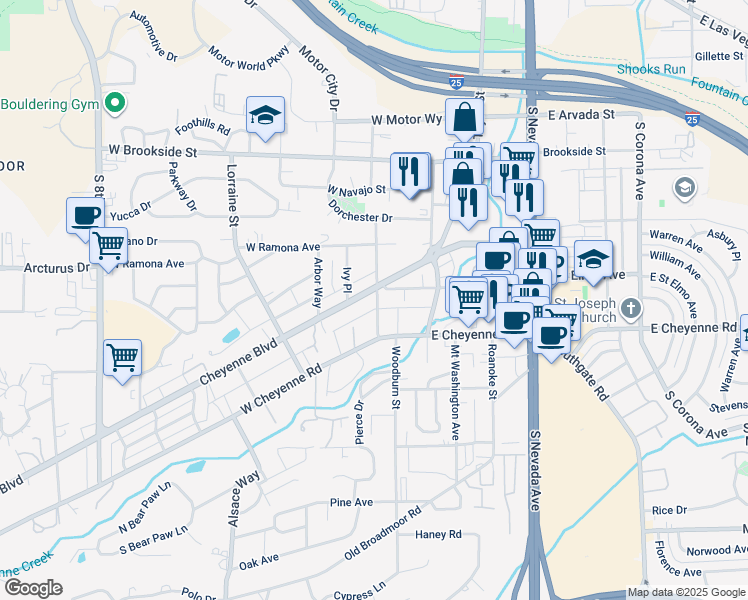 map of restaurants, bars, coffee shops, grocery stores, and more near 103 Cheyenne Boulevard in Colorado Springs