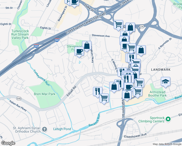 map of restaurants, bars, coffee shops, grocery stores, and more near 6139 Edsall Road in Alexandria