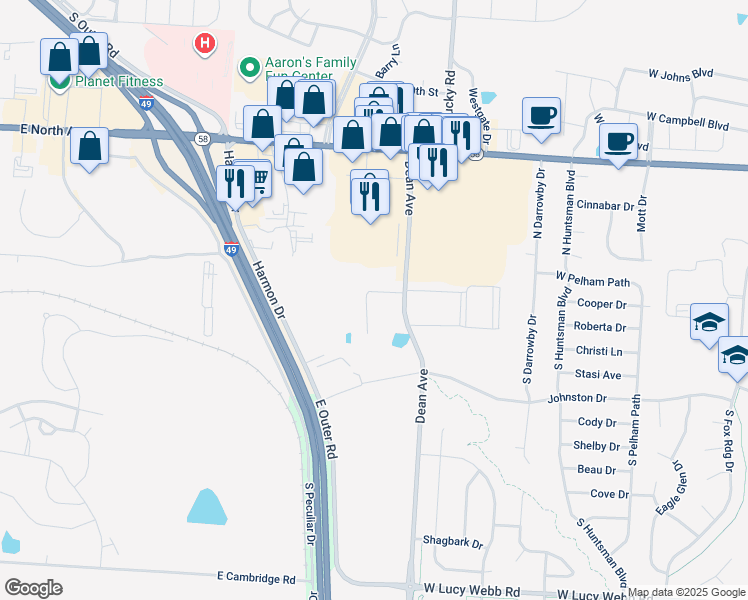 map of restaurants, bars, coffee shops, grocery stores, and more near 123 Barberry Lane in Raymore