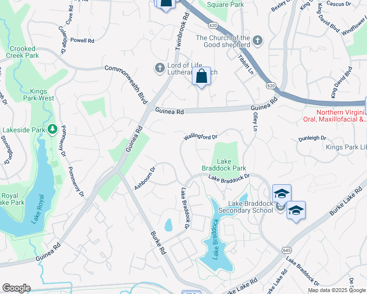 map of restaurants, bars, coffee shops, grocery stores, and more near 9517 Wallingford Drive in Burke
