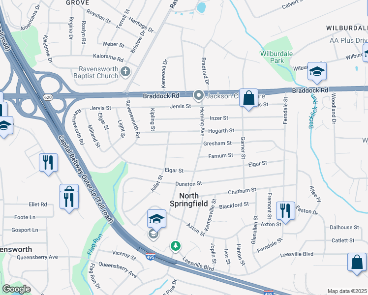 map of restaurants, bars, coffee shops, grocery stores, and more near 7509 Gresham Street in Springfield