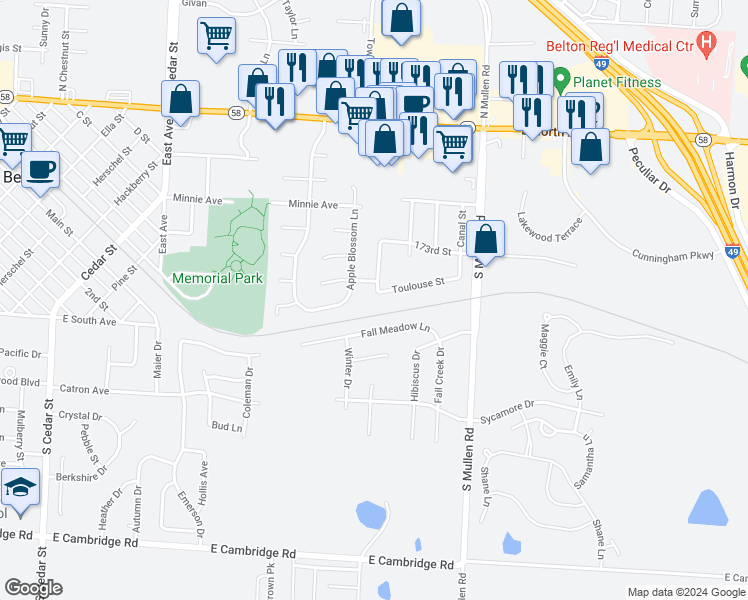 map of restaurants, bars, coffee shops, grocery stores, and more near 1009 Toulouse Street in Belton