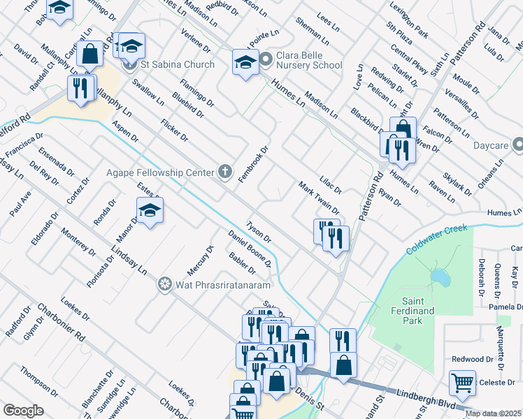map of restaurants, bars, coffee shops, grocery stores, and more near 1600 Tyson Drive in Florissant