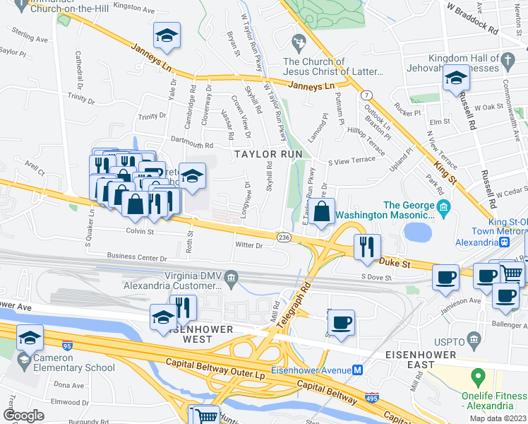 map of restaurants, bars, coffee shops, grocery stores, and more near 49 Skyhill Road in Alexandria