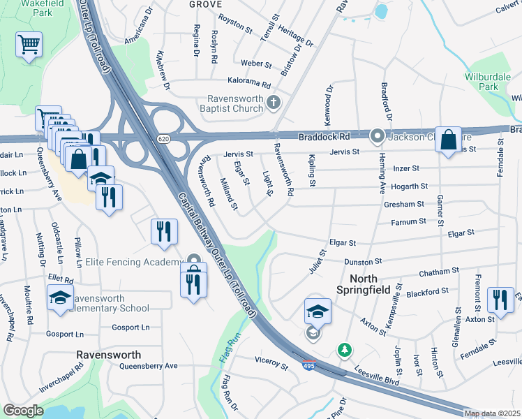 map of restaurants, bars, coffee shops, grocery stores, and more near 7704 Elgar Street in Springfield