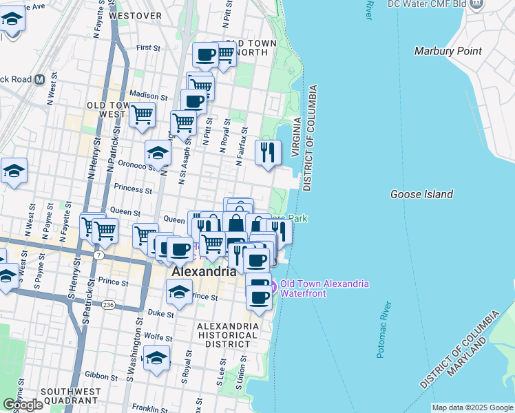 map of restaurants, bars, coffee shops, grocery stores, and more near 117 Princess Street in Alexandria