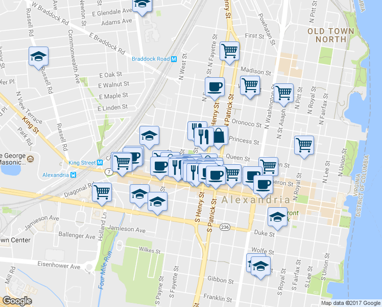 map of restaurants, bars, coffee shops, grocery stores, and more near 250 North Fayette Street in Alexandria