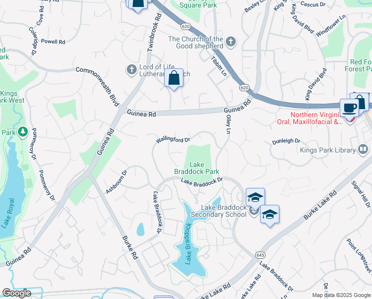 map of restaurants, bars, coffee shops, grocery stores, and more near 9508 Tregaron Place in Burke