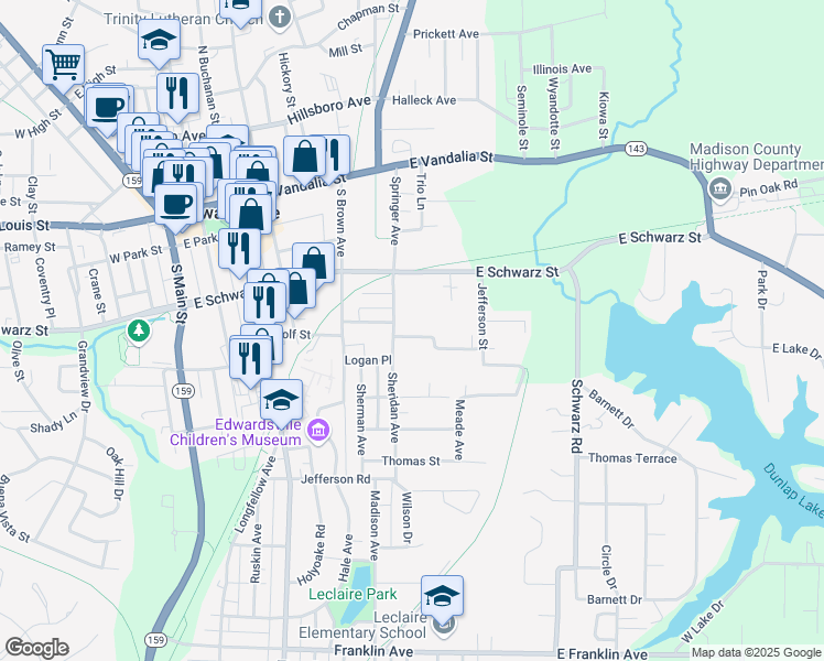 map of restaurants, bars, coffee shops, grocery stores, and more near 615 Dewey Avenue in Edwardsville
