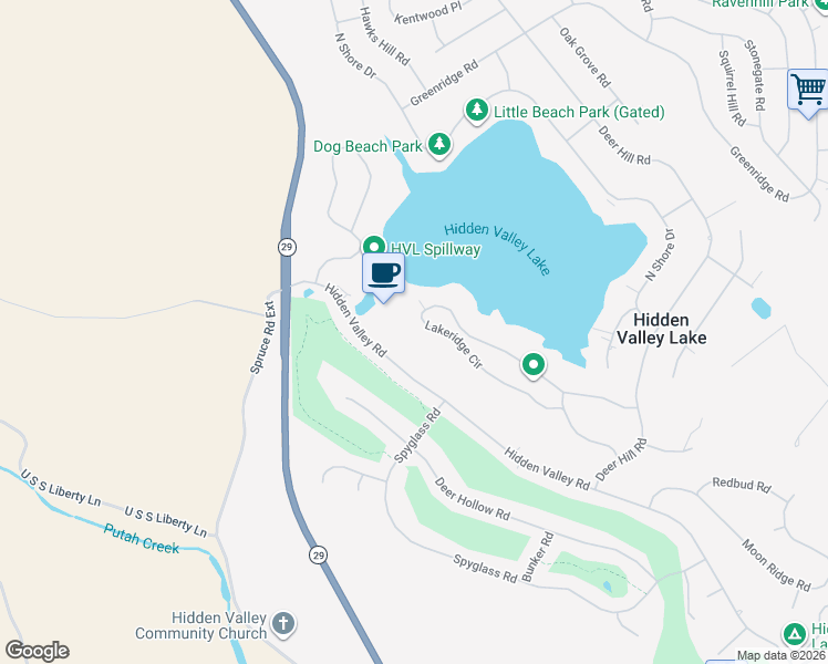 map of restaurants, bars, coffee shops, grocery stores, and more near 18379 Lakeridge Circle in Hidden Valley Lake