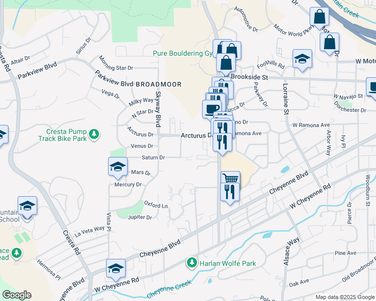 map of restaurants, bars, coffee shops, grocery stores, and more near 921 Green Star Drive in Colorado Springs