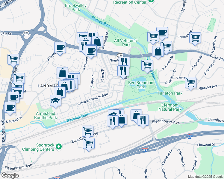 map of restaurants, bars, coffee shops, grocery stores, and more near 5003 Donovan Drive in Alexandria