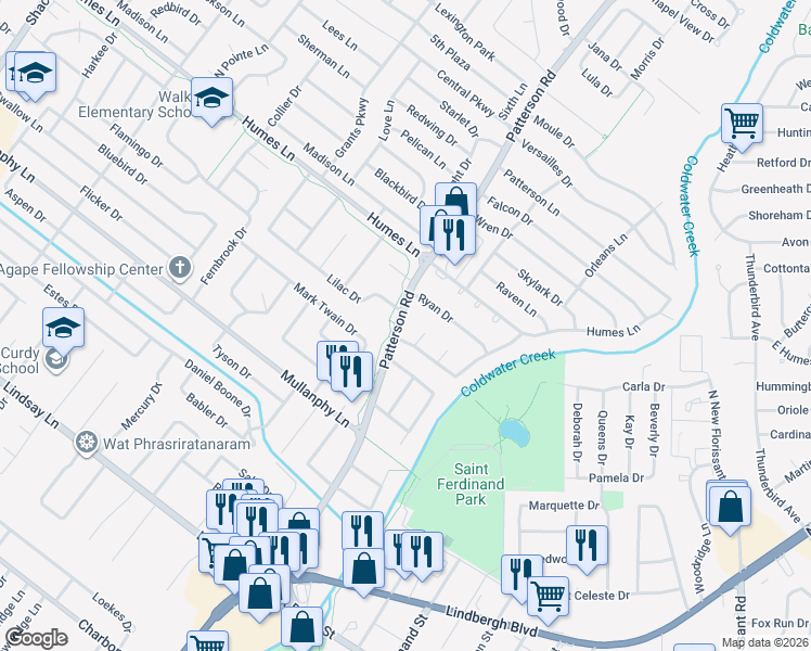 map of restaurants, bars, coffee shops, grocery stores, and more near 2 Sherry Court in Florissant