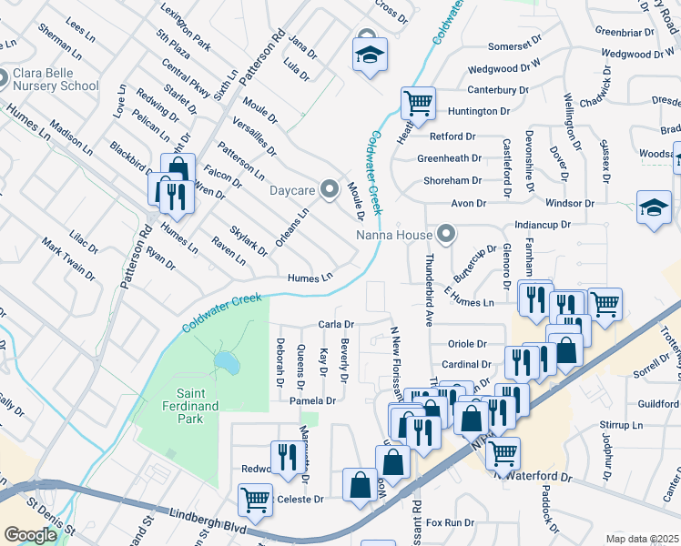 map of restaurants, bars, coffee shops, grocery stores, and more near 130 Humes Lane in Florissant