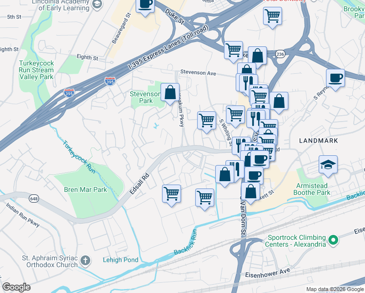 map of restaurants, bars, coffee shops, grocery stores, and more near 307 Yoakum Parkway in Alexandria