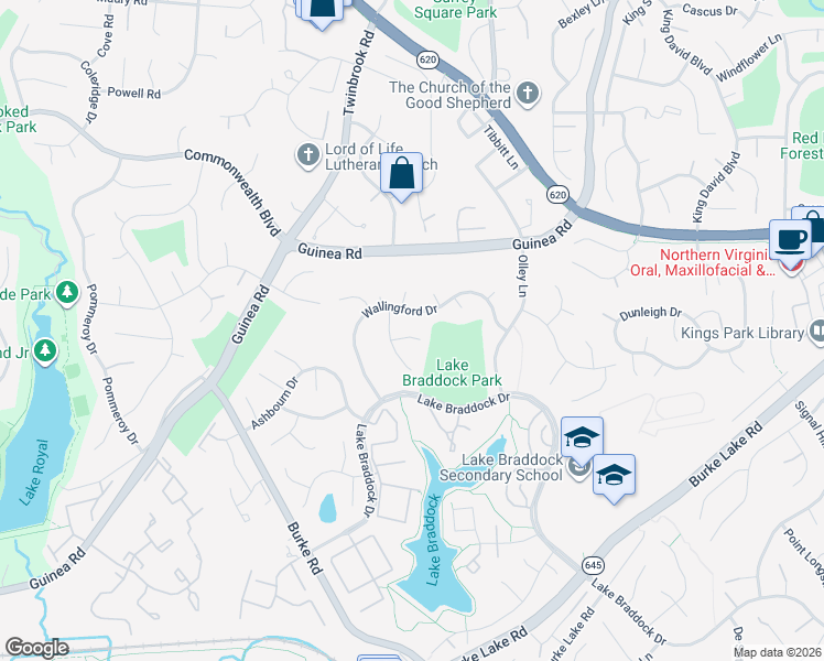 map of restaurants, bars, coffee shops, grocery stores, and more near 9504 Tregaron Place in Burke