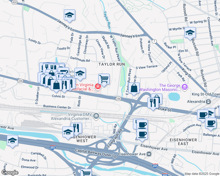 map of restaurants, bars, coffee shops, grocery stores, and more near 49 Skyhill Road in Alexandria