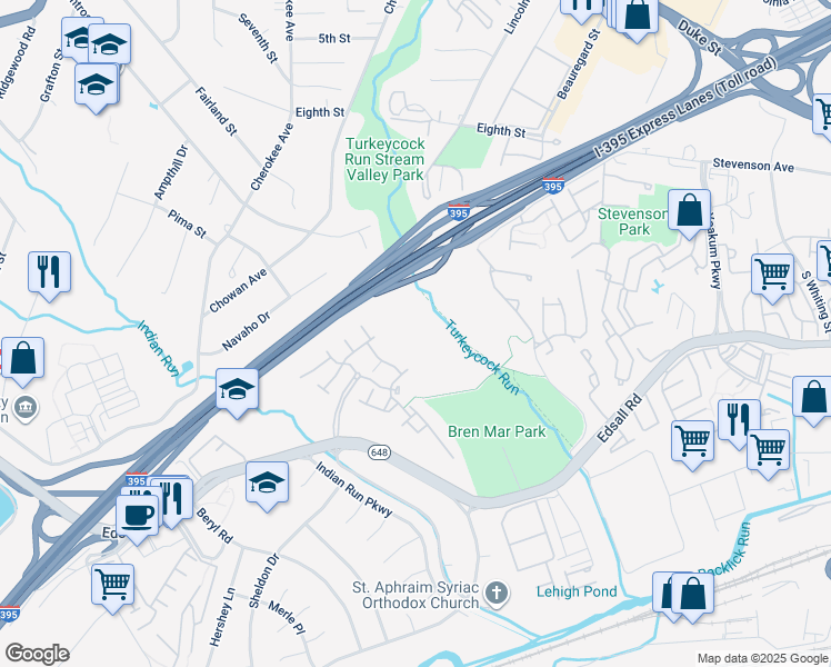 map of restaurants, bars, coffee shops, grocery stores, and more near 6372 Levtov Landing in Alexandria