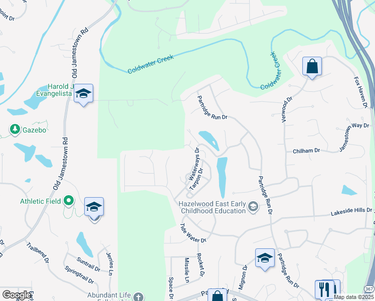 map of restaurants, bars, coffee shops, grocery stores, and more near 6466 White Cap Lane in Florissant