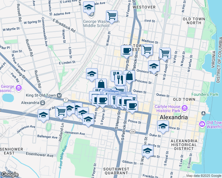 map of restaurants, bars, coffee shops, grocery stores, and more near 1210 Queen Street in Alexandria