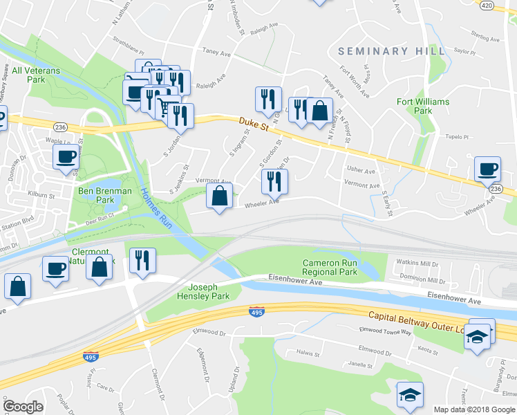 map of restaurants, bars, coffee shops, grocery stores, and more near 4206 Wheeler Ave in Alexandria
