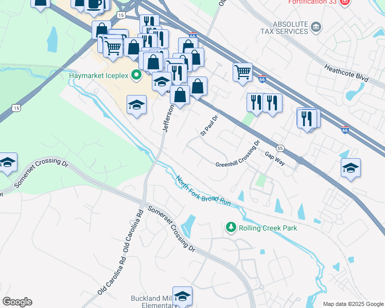 map of restaurants, bars, coffee shops, grocery stores, and more near 14939 Greenhill Crossing Drive in Haymarket