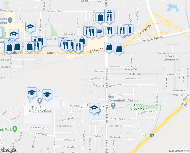 map of restaurants, bars, coffee shops, grocery stores, and more near 812 Saddlewood Drive in Gardner