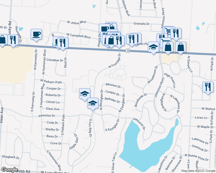 map of restaurants, bars, coffee shops, grocery stores, and more near 1305 Mission Drive in Raymore