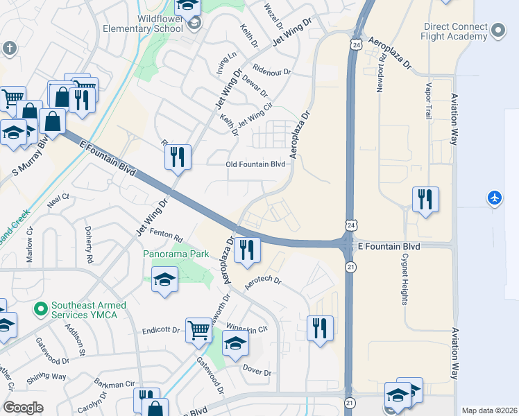 map of restaurants, bars, coffee shops, grocery stores, and more near 1675 Needham Court in Colorado Springs