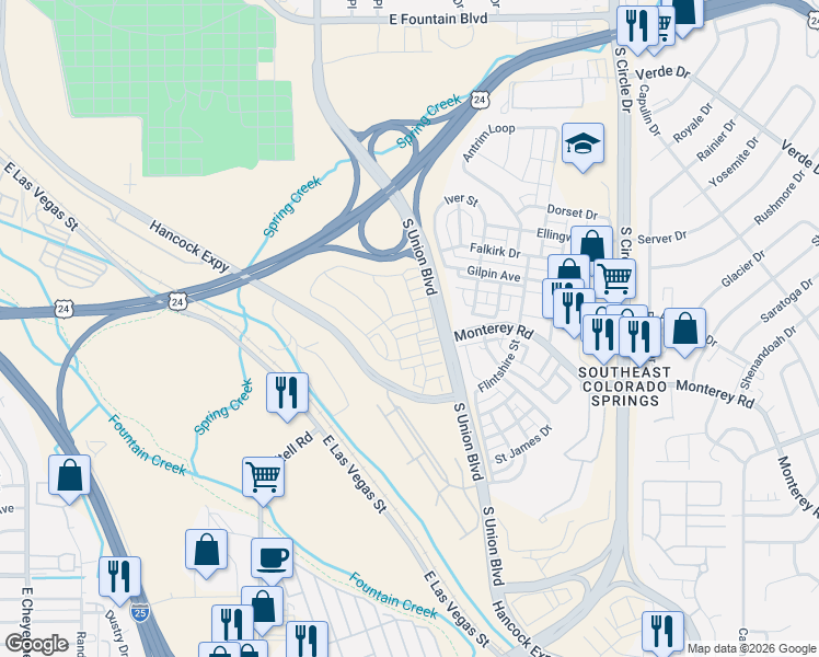 map of restaurants, bars, coffee shops, grocery stores, and more near 1975 Abbington St in Colorado Springs