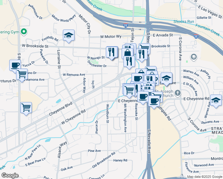 map of restaurants, bars, coffee shops, grocery stores, and more near 27 West Saint Elmo Avenue in Colorado Springs