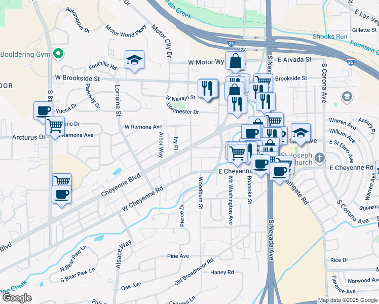 map of restaurants, bars, coffee shops, grocery stores, and more near 103 Cheyenne Boulevard in Colorado Springs