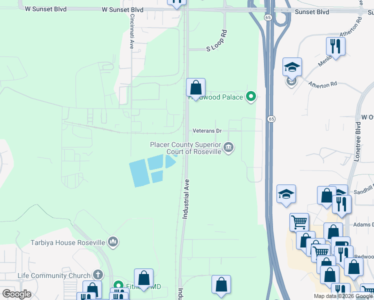 map of restaurants, bars, coffee shops, grocery stores, and more near 10800 Industrial Avenue in Roseville