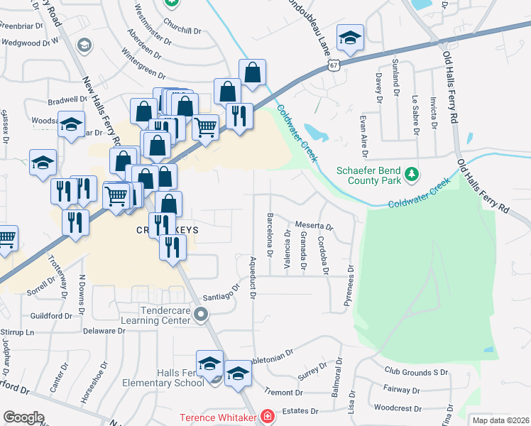 map of restaurants, bars, coffee shops, grocery stores, and more near 2135 Barcelona Drive in Florissant
