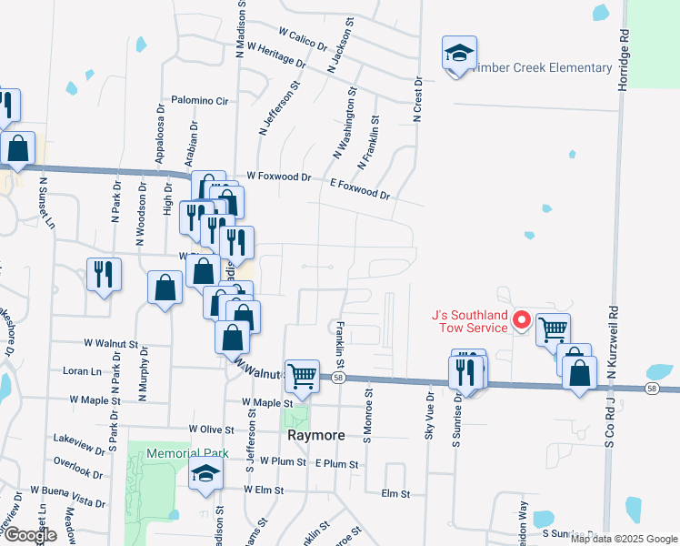 map of restaurants, bars, coffee shops, grocery stores, and more near 107 Amberwood Court in Raymore