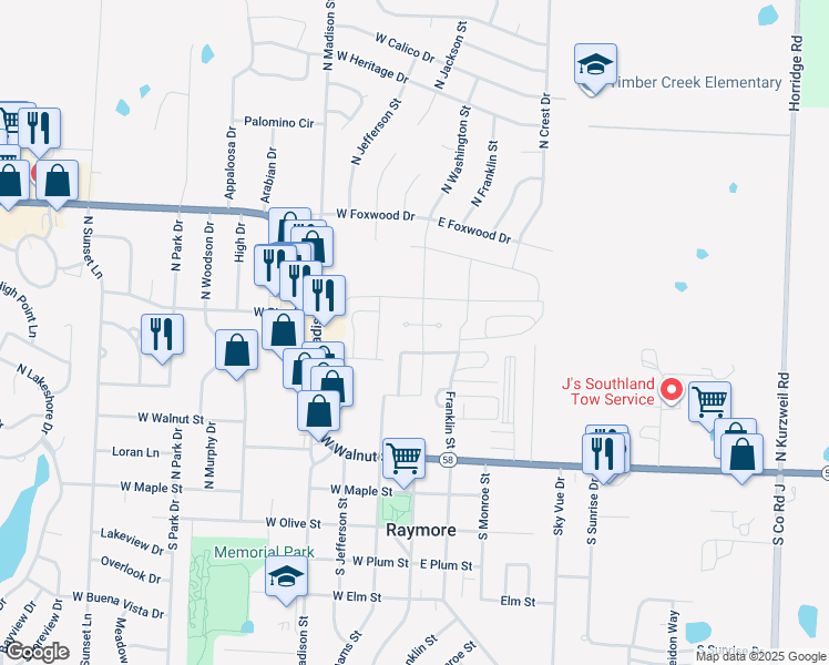 map of restaurants, bars, coffee shops, grocery stores, and more near 250 North Pointe Lane in Raymore