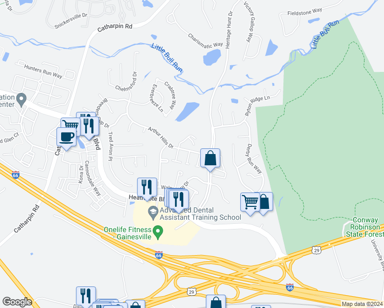 map of restaurants, bars, coffee shops, grocery stores, and more near 6911 Birkenhead Place in Gainesville