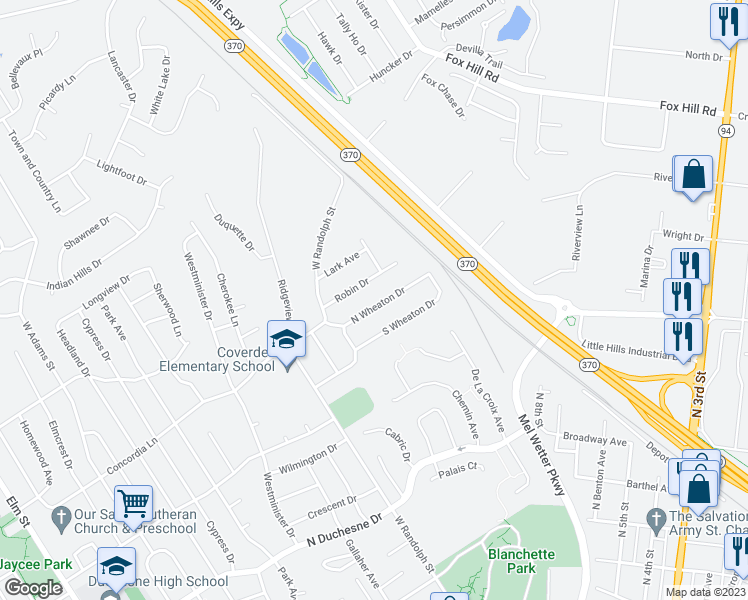 map of restaurants, bars, coffee shops, grocery stores, and more near 1231 North Wheaton Drive in Saint Charles