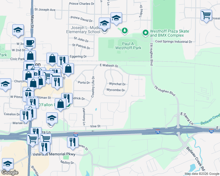 map of restaurants, bars, coffee shops, grocery stores, and more near 525 Wycombe Drive in O'Fallon