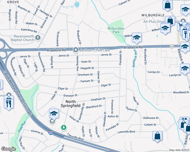 map of restaurants, bars, coffee shops, grocery stores, and more near 7403 Gresham Street in Springfield