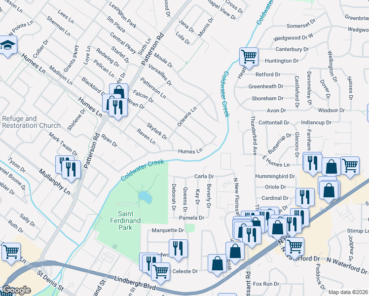 map of restaurants, bars, coffee shops, grocery stores, and more near 260 Wren Drive in Florissant