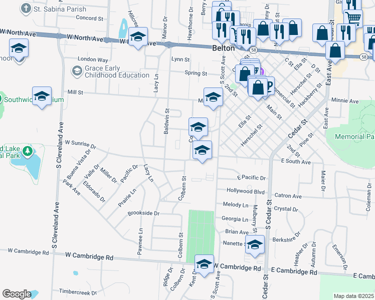 map of restaurants, bars, coffee shops, grocery stores, and more near 413 Colbern Street in Belton