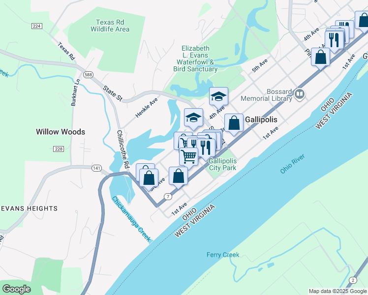 map of restaurants, bars, coffee shops, grocery stores, and more near 83 Court Street in Gallipolis