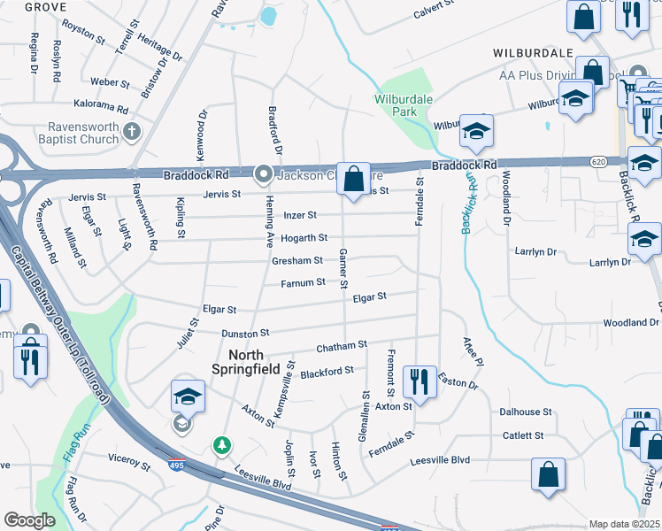 map of restaurants, bars, coffee shops, grocery stores, and more near 7403 Gresham Street in Springfield