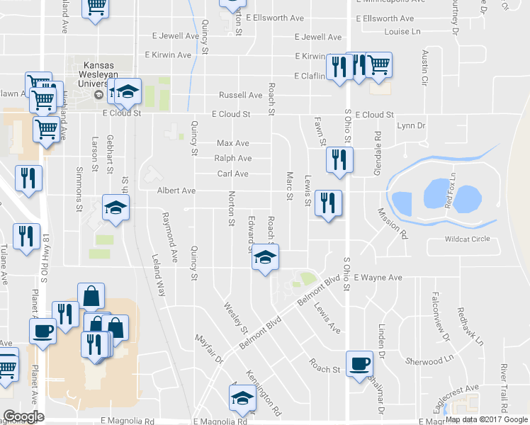 map of restaurants, bars, coffee shops, grocery stores, and more near 2026 Roach Street in Salina
