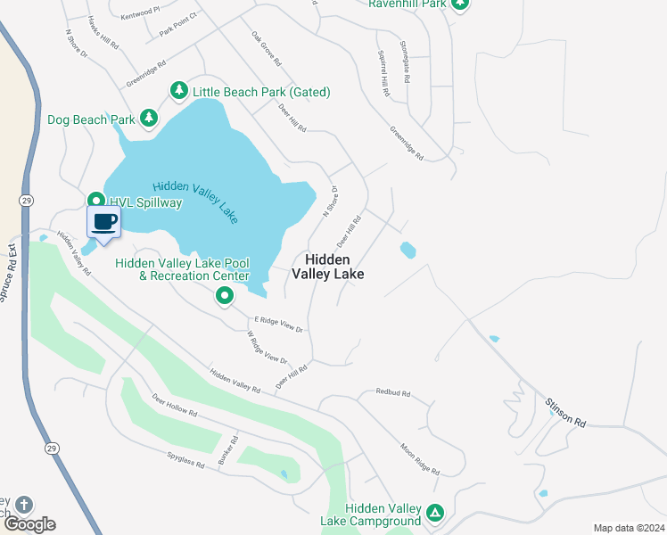 map of restaurants, bars, coffee shops, grocery stores, and more near 19220 Deer Hill Road in Hidden Valley Lake